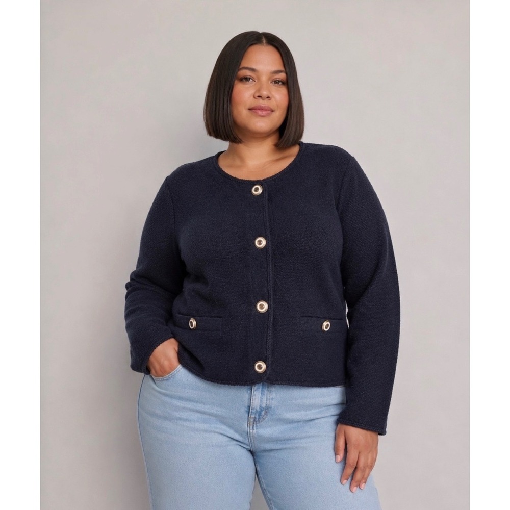 NWT Free Assembly Bouclé Knit Cardigan Jacket Womens XXL 20 Navy Gold Crest